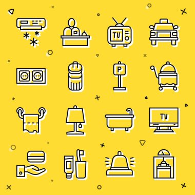 Set line Lift Smart Tv Covered with tray Retro tv Trash can Electrical outlet Air conditioner and Parking icon. Vector.