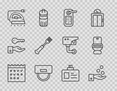 Set line Hotel booking calendar Paying tips Digital door lock Bellboy hat Electric iron Fork Identification badge and Toilet bowl icon. Vector.