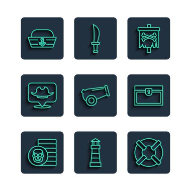Set line Pirate coin Lighthouse Lifebuoy flag Cannon Location pirate Sailor hat and Antique treasure chest icon. Vector.
