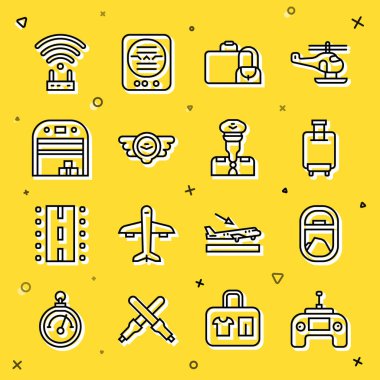 Set line Drone remote control Airplane window Suitcase Aviation emblem Aircraft hangar Router and wi-fi signal and Pilot icon. Vector.