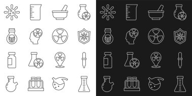Set line Test tube and flask Pipette Shield protecting from virus Mortar pestle Head radiation symbol Poison bottle Bacteria and Radioactive icon. Vector.
