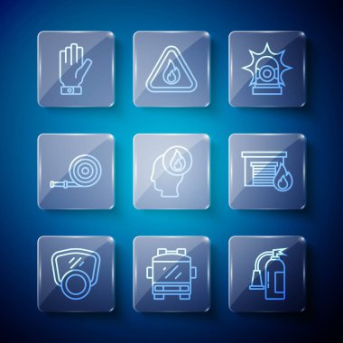 Set line Gas mask Fire truck extinguisher Flasher siren Firefighter hose reel gloves and burning garage icon. Vector.