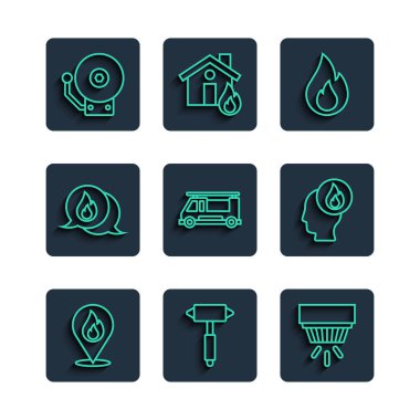 Set line Location with fire flame Firefighter axe Smoke alarm system truck Telephone call 911 Ringing bell and icon. Vector.