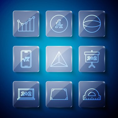 Set line Chalkboard Acute trapezoid shape Protractor Geometric figure Sphere Tetrahedron Square root of x glyph Graph schedule chart diagram and icon. Vector.