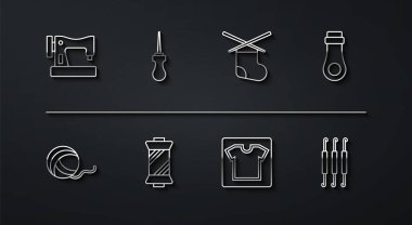 Set line Sewing machine Yarn ball Zipper pattern thread on spool Awl tool Crochet hook and Knitting needles icon. Vector.