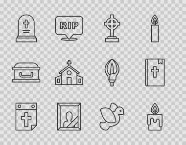 Set line Calendar death Burning candle Grave with cross Mourning photo frame tombstone Church building Dove and Holy bible book icon. Vector.