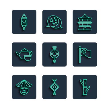 Set line Chinese man paper lantern Bamboo house tea ceremony and China flag flagpole icon. Vector.