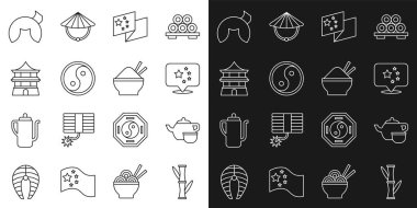 Set line Bamboo Chinese tea ceremony China flag Yin Yang house fortune cookie and Rice bowl with chopstick icon. Vector.