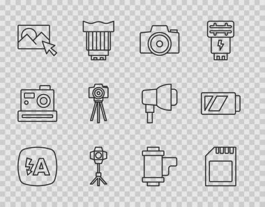 Set line Auto flash SD card Photo camera Softbox light retouching Camera roll cartridge and Battery for icon. Vector.