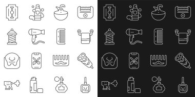 Set line Dustpan Electric razor blade Towel on hanger Washbasin Hair dryer Barber shop pole Blade and Hairbrush icon. Vector.