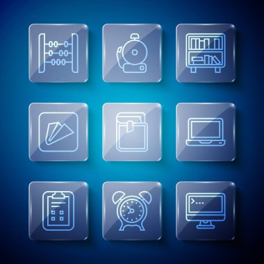 Set line Exam sheet with check mark Alarm clock Computer monitor Shelf books Book Paper airplane Abacus and Laptop icon. Vector.