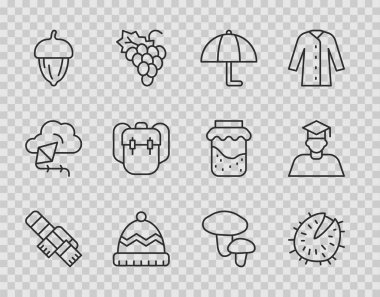 Set line Winter scarf Chestnut Umbrella hat Acorn School backpack Mushroom and Graduate and graduation cap icon. Vector.