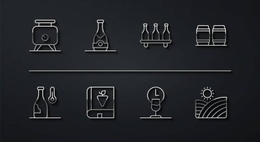 Set line Fermentation of grapes Wine temperature Wooden barrel for wine time Book about Champagne bottle Vineyard and Bottle icon. Vector.