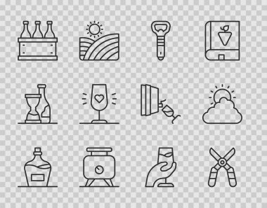 Set line Old bottle of wine Gardening scissors Bottle opener Fermentation grapes Bottles box Wine glass tasting degustation and Sun and cloud weather icon. Vector.