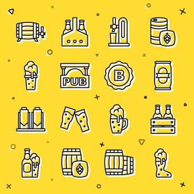 Set line Boot beer glass Pack of bottles Beer can tap with Street signboard Pub Glass Wooden barrel and Bottle cap icon. Vector.