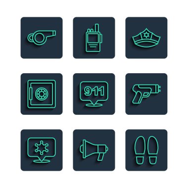 Set line Hexagram sheriff Megaphone Footsteps Police cap with cockade Telephone call 911 Safe Whistle and electric shocker icon. Vector.