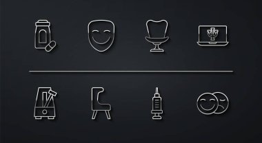 Set line Sedative pills Metronome with pendulum Psychologist online Addiction to the drug Armchair Comedy theatrical mask and tragedy masks and icon. Vector.