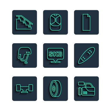 Set line Skateboard wheel ball bearing Cinema camera Grip tape on skateboard helmet stairs with rail and Longboard or icon. Vector.