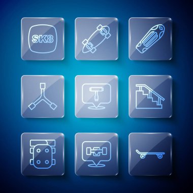 Set line Knee pads Skateboard wheel deck T tool Y-tool and stairs with rail icon. Vector.