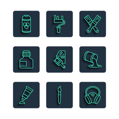 Set line Tube with paint palette Paint brush Gas mask Car painting Paint gouache jar dye spray can and bucket icon. Vector.