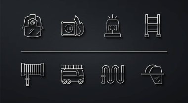 Set line Firefighter helmet hose reel escape truck Electric wiring of socket in fire and Flasher siren icon. Vector.