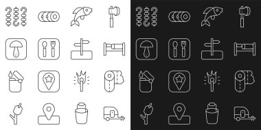 Set line Rv Camping trailer Paper towel roll Bed Fish Fork and spoon Mushroom Grilled shish kebab skewer and Road traffic sign icon. Vector.