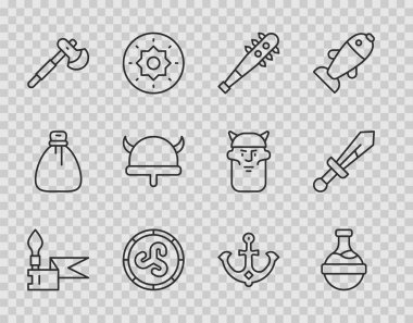 Set line Medieval spear Bottle with potion Mace spikes Shield viking Wooden axe Viking horned helmet Anchor and sword icon. Vector.