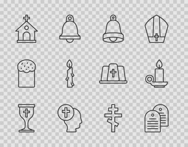 Set line Christian chalice Holy bible book Church bell Priest building Burning candle cross and candlestick icon. Vector.
