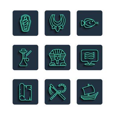 Set line Papyrus scroll Crook and flail Egyptian ship Butterfly fish Sphinx Hookah mummy sarcophagus and Flag Of icon. Vector.