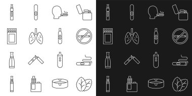 Set line Tobacco leaf Cigar No smoking Man cigarette Lungs Matchbox and matches Electronic and icon. Vector.