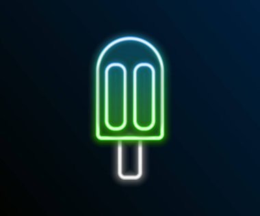 Parlayan neon hattı dondurma ikonu siyah arka planda izole edildi. Güzel sembol. Renkli taslak konsepti. Vektör.
