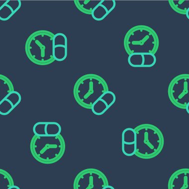 Hat tıbbı hapı ya da tablet ikonu mavi arka planda izole edilmiş kusursuz desen. Kapsül hapı ve uyuşturucu işareti. Eczane tasarımı. Vektör.