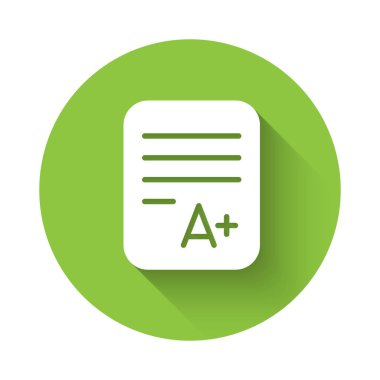 A + notu olan beyaz sınav kağıtları uzun gölgeli izole edilmiş. Sınav kağıdı, sınav ya da araştırma konsepti. Sınav ya da sınav. Yeşil daire düğmesi. Vektör.