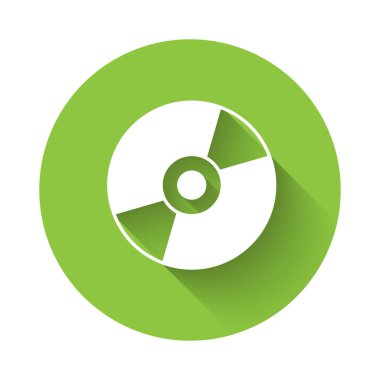 White Vinyl disk icon isolated with long shadow background. Green circle button. Vector.