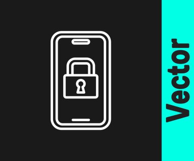 White line Digital door lock with wireless technology for lock icon isolated on black background. Door handle sign. Security smart home. Vector.