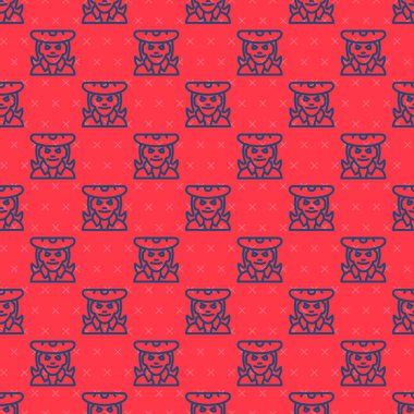 Mavi çizgi cadı simgesi kırmızı arkaplanda izole edilmiş. Mutlu Cadılar Bayramı Partisi. Vektör.