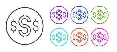 Beyaz arka planda siyah çizgi dolar sembolü simgesi izole edildi. Nakit ve para, servet, ödeme sembolü. Kumarhane kumarı. Simgeleri renklendirin. Vektör.