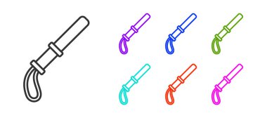 Siyah çizgi polis kauçuk çubuk simgesi beyaz arka planda izole edildi. Kauçuk copu. Polis yarasası. Polis ekipmanları. Simgeleri renklendirin. Vektör.