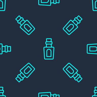 İksir ikonlu yeşil çizgi şişesi mavi arka planda izole edilmiş pürüzsüz desen. Sihirli iksirli matara. Mutlu Cadılar Bayramı Partisi. Vektör.