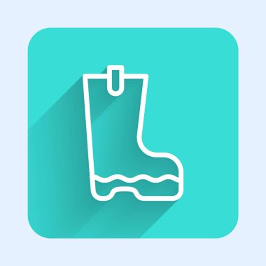 White line Waterproof rubber boot icon isolated with long shadow background. Gumboots for rainy weather, fishing, gardening. Green square button. Vector.