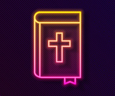 Parlayan neon hattı kutsal kitap ikonu siyah arka planda izole edildi. Vektör.