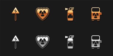 Set High voltage sign, Radioactive in shield, Fire extinguisher and Electric car charging station icon. Vector.