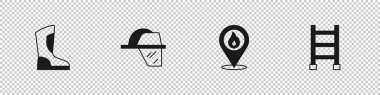 Set Fire boots Firefighter helmet Location with fire flame and escape icon. Vector.