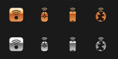 Set Wi-Fi wireless internet Wireless computer mouse Mobile with wi-fi and Global technology icon. Vector.