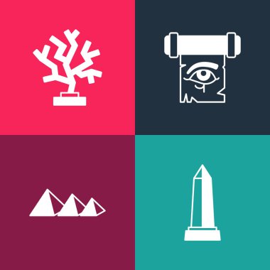 Set pop art Obelisk of Alexandria Egypt pyramids Eye Horus on papyrus scroll and Coral icon. Vector.