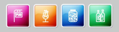 Set line Street signboard with Pub, Cocktail, Pickled cucumbers in jar and Bottles of wine. Colorful square button. Vector.
