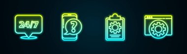 Set line Clock 24 hours, Mobile phone with question, Checklist service and Browser setting. Glowing neon icon. Vector.