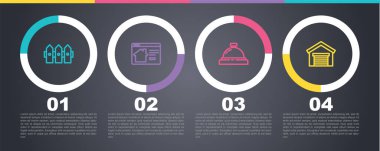 Set line Garden fence wooden, Online real estate house, Hotel service bell and Garage. Business infographic template. Vector.