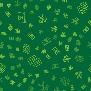 Set line Medieval castle gate, Decree, parchment, scroll and Crossed medieval axes on seamless pattern. Vector.