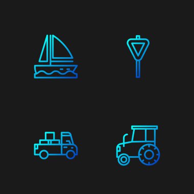 Set line Tractor, Delivery truck, Yacht sailboat and Road traffic signpost. Gradient color icons. Vector.